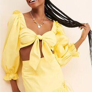 Allina Liu Idun Top boho cottagecore Butter Yellow cropped crisscross back NWT